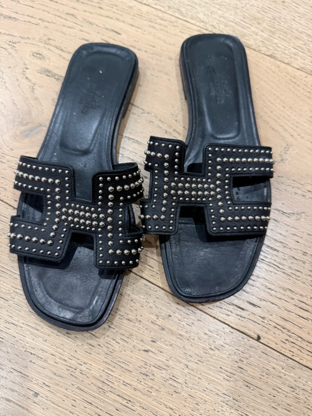 Hermes Black Studded Oran Leather Slide Sandals